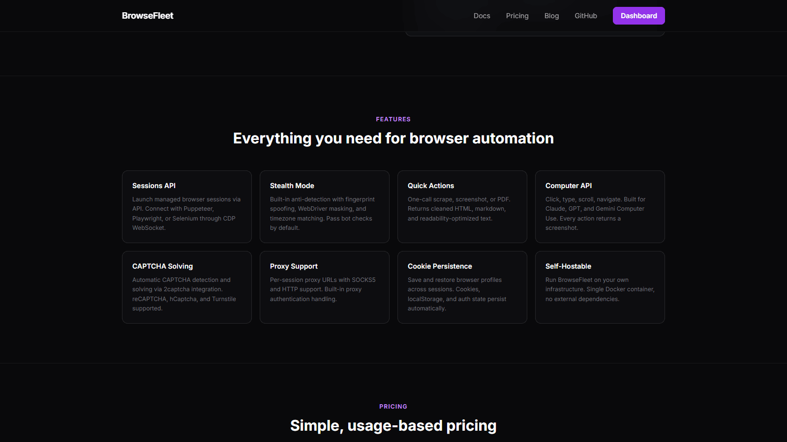 BrowseFleet feature grid showing all eight core capabilities