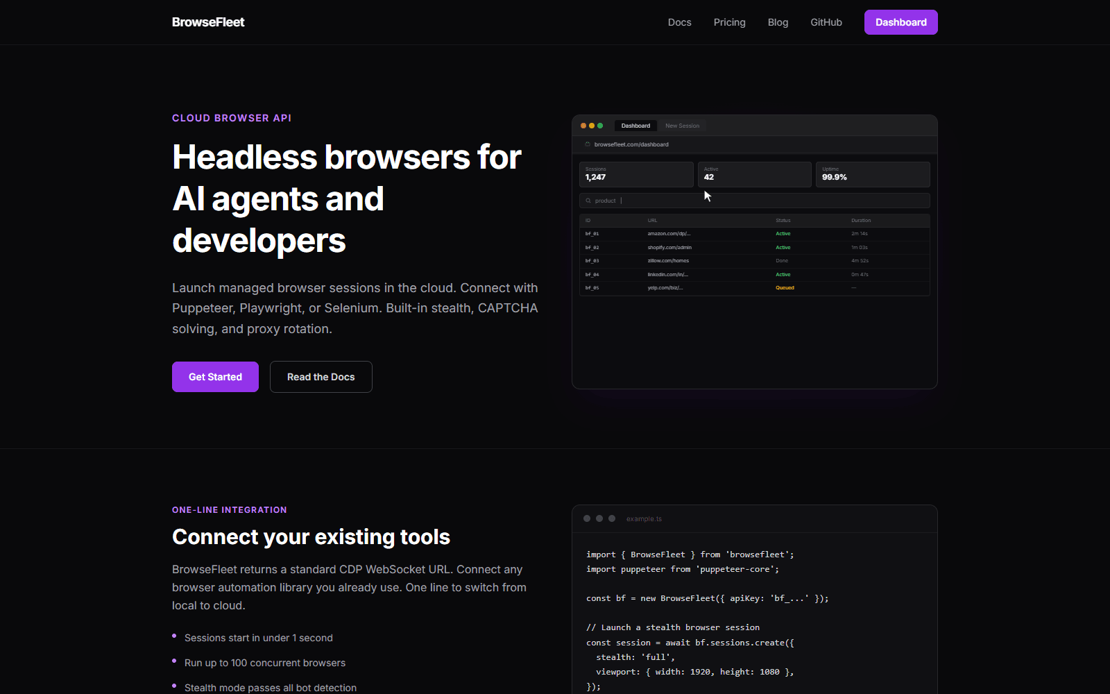 BrowseFleet landing page showing the developer-focused hero section