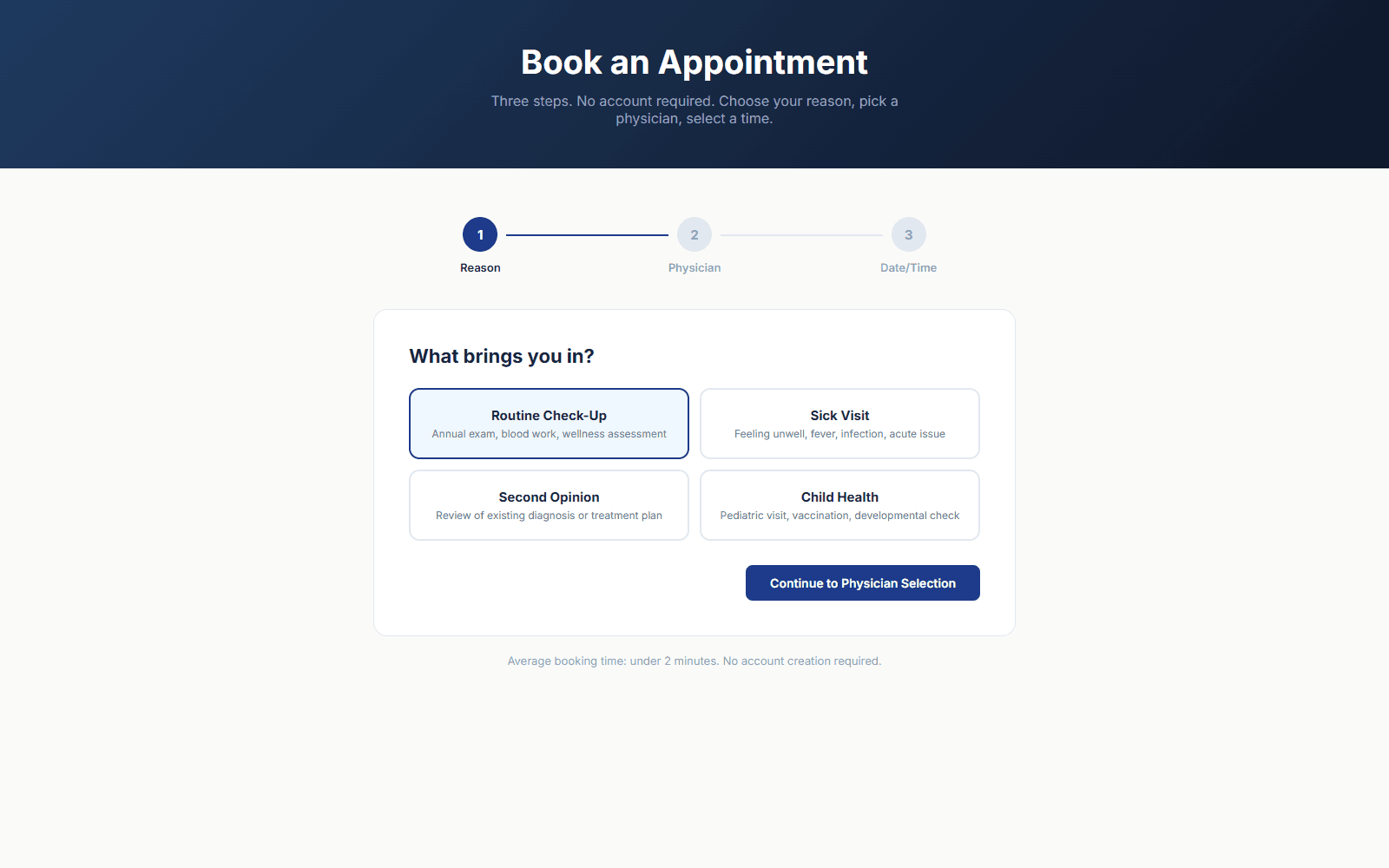 Hartwell Medical Group three-step booking flow