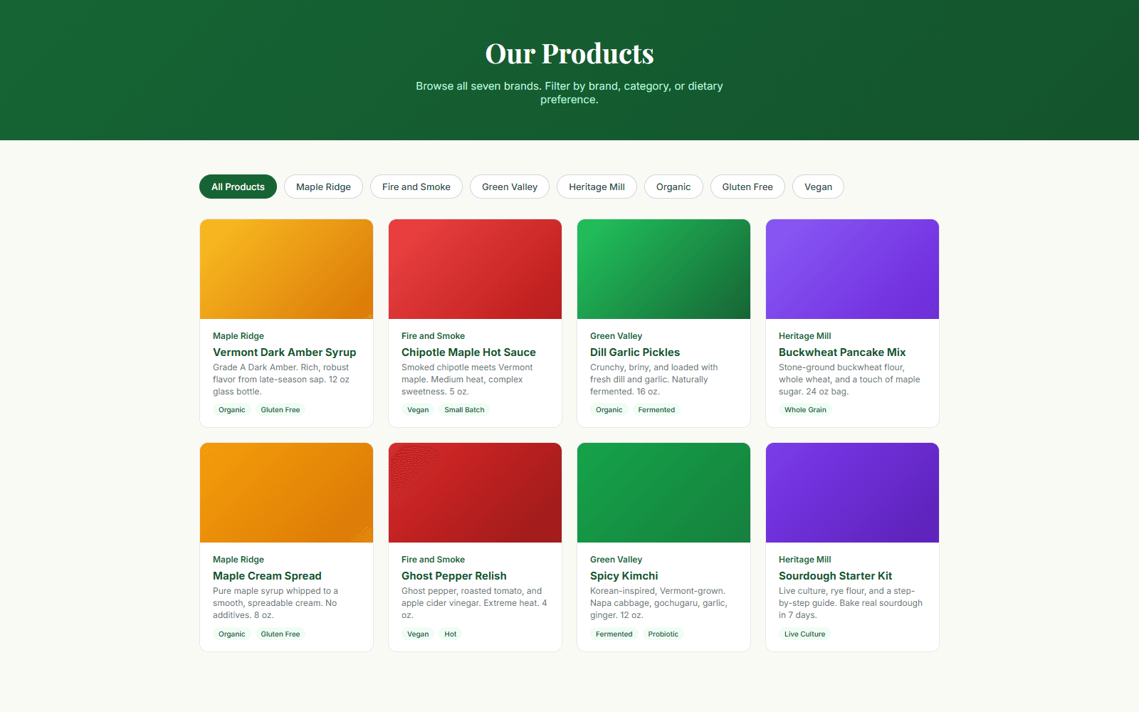 Northbrook Provisions filterable product catalog