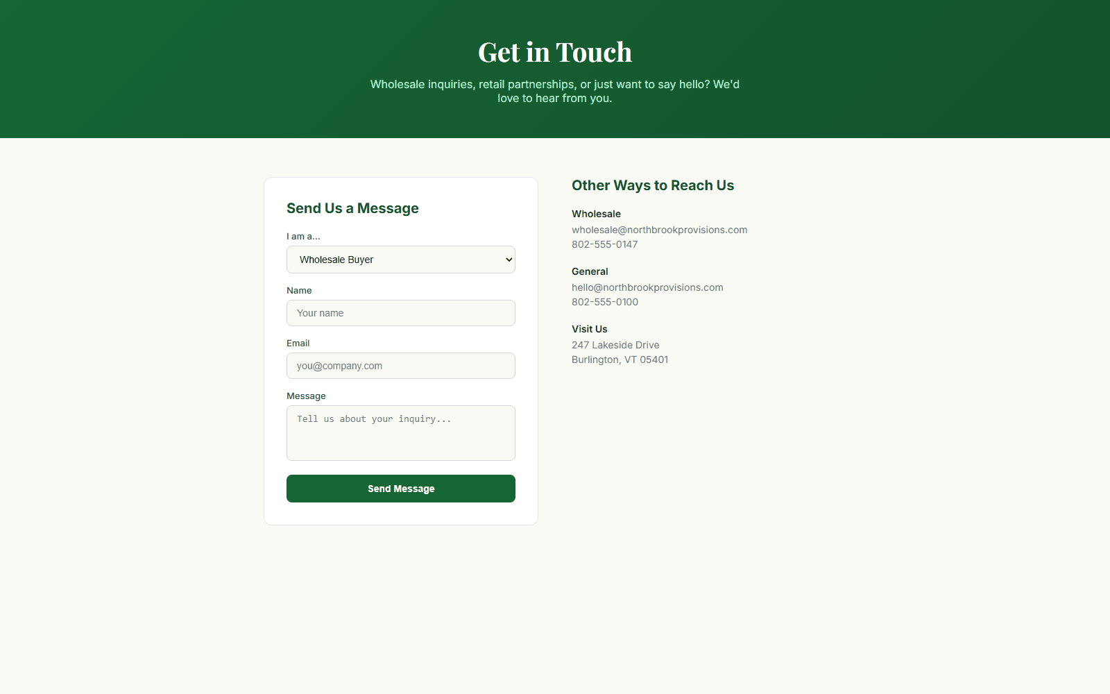 Northbrook Provisions contact page