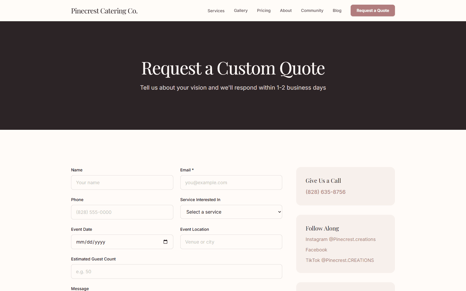 Pinecrest Catering contact page