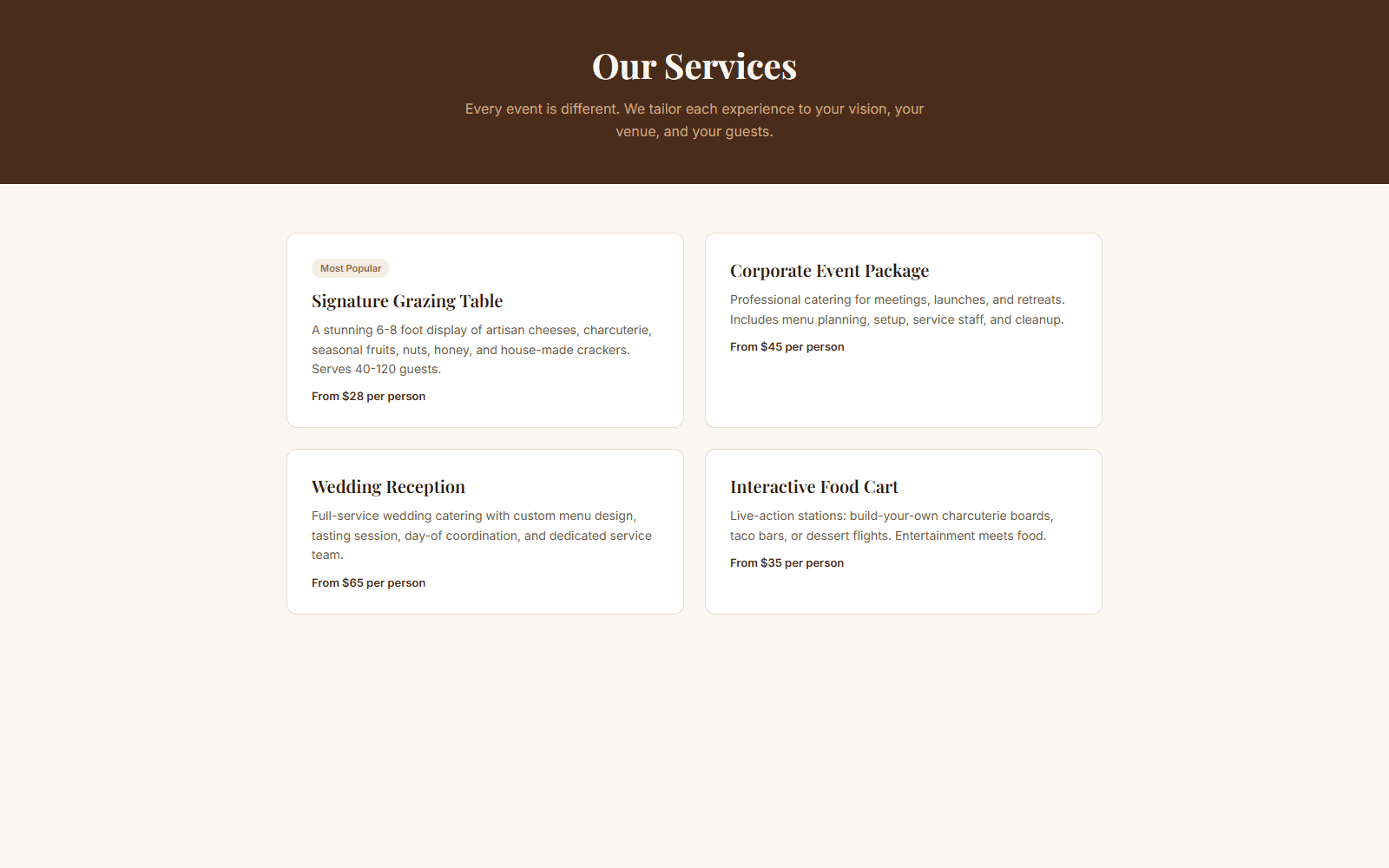 Pinecrest Catering services page