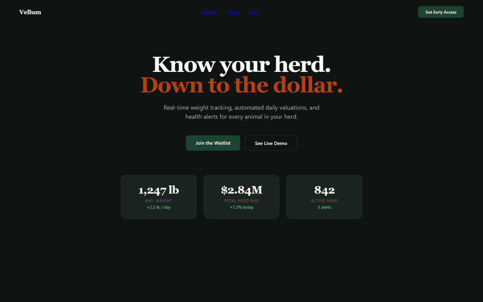 Vellum landing page with the tagline Know your herd, down to the dollar